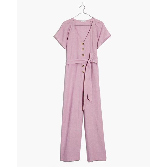 NWT Madewell Linen-Cotton Pleat-Sleeve Jumpsuit Pressed Orchid | Size 16 - Picture 1 of 4
